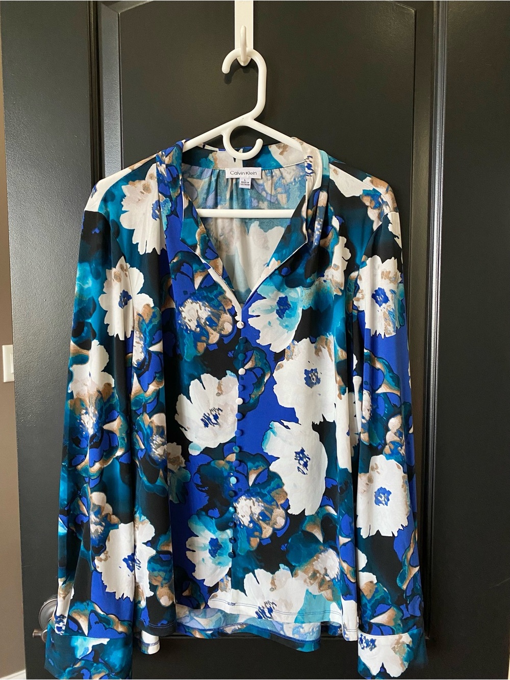 Calvin Klein Blue & Teal Floral Print Button-Front Blouse | L